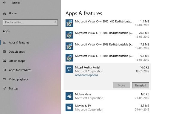 Uninstall Windows Mixed Reality
