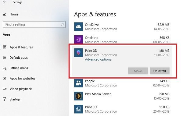 uninstall Paint 3D App