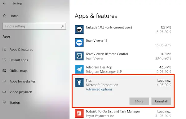 Uninstall Tips App in Windows 10 from Settings