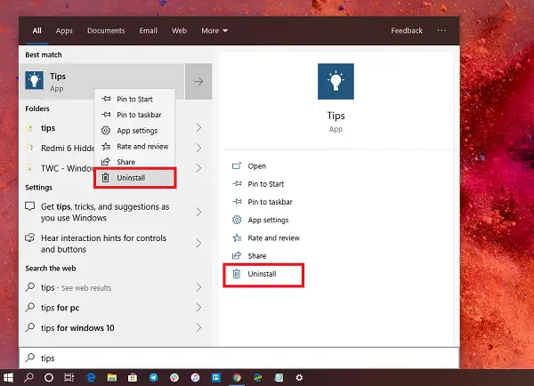 Uninstall Tips in Windows 10 Start Menu