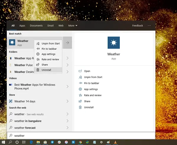Uninstall Weather App from Start
