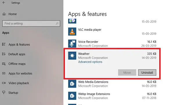 Uninstall Weather app via Settings