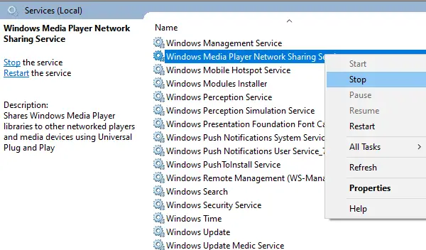 Windows Media Player Network Sharing Service Disable