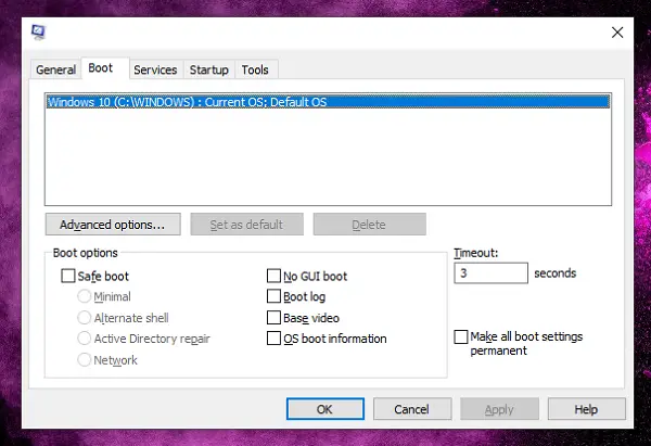 msconfig boot options