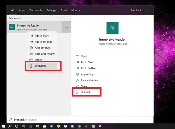 uninstall Immersive reader in Windows 10 Start Menu