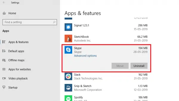 uninstall Skype App in Windows 10 Settings