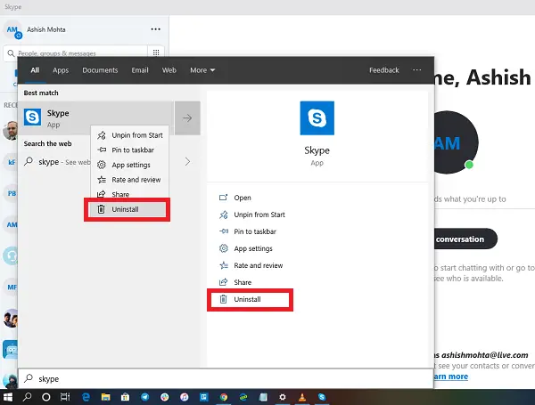 uninstall Skype App in Windows 10 Start Menu