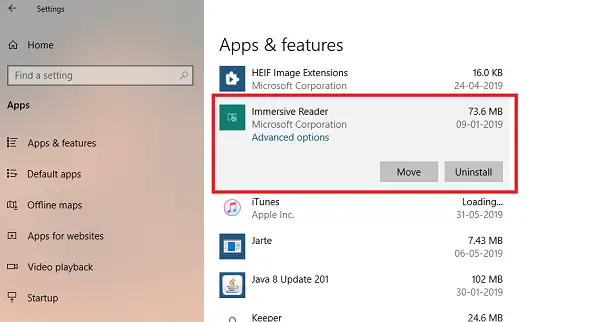 uninstall immersive reader in Windows 10 Settings