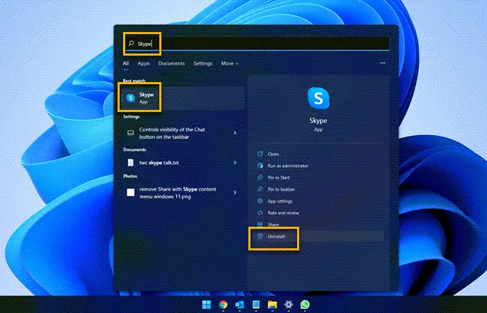 uninstall skype windows 11