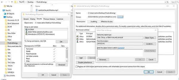 Change Ownership File Folder Advanced Settings