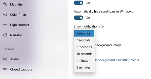 decrease or increase the Windows 10 notification display time