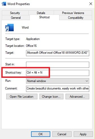 create keyboard shortcut windows 10
