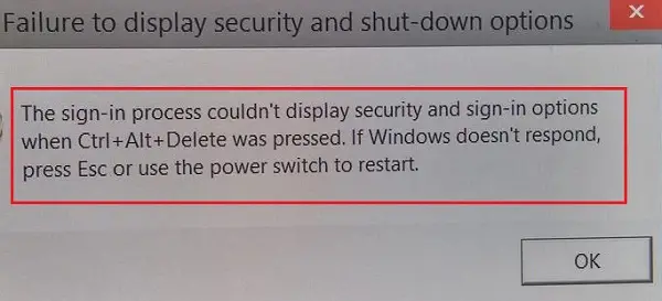 Failure to display security and shutdown options