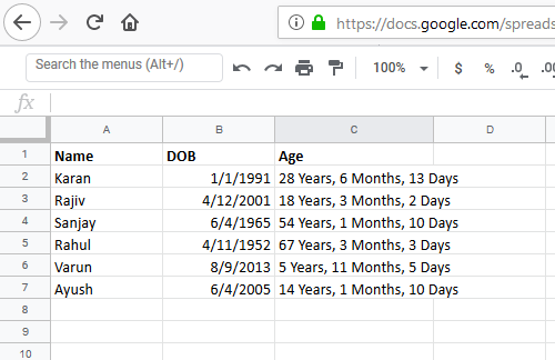 Get the exact number of years, months, and days corresponding to the dates of birth