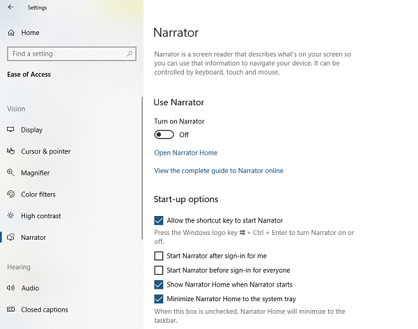 Narrator Settings Startup Option