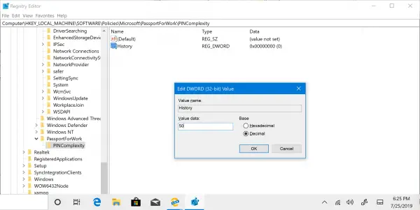 Enable or disable PIN history on Windows 10