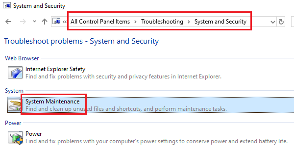 System Maintenance troubleshooter