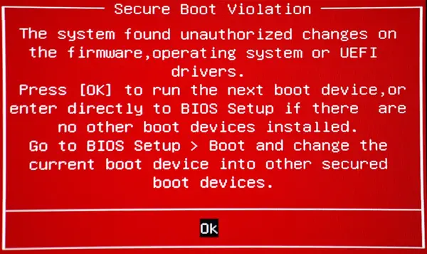 The system found unauthorized changes on the firmware, operating system or UEFI drivers