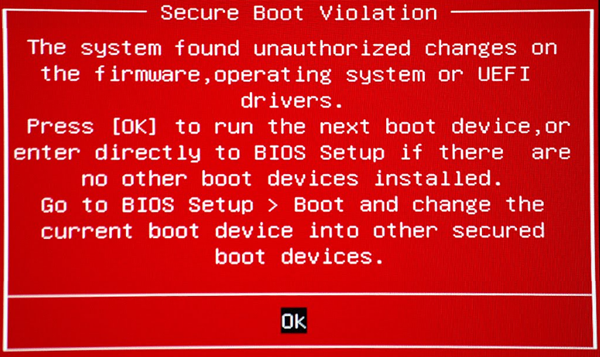 The system found unauthorized changes on the firmware, operating system or UEFI drivers