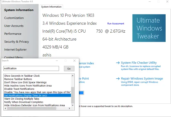 decrease or increase the Windows 10 notification display time