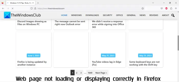 Webpage not loading or displaying correctly in Firefox