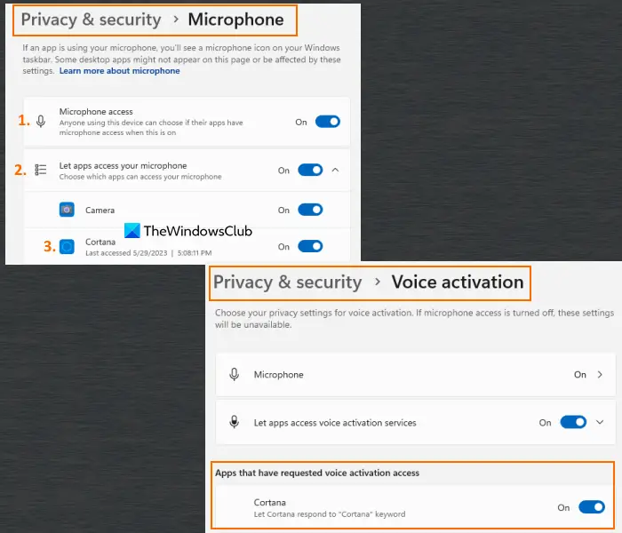 activate cortana with voice activation and microphone access