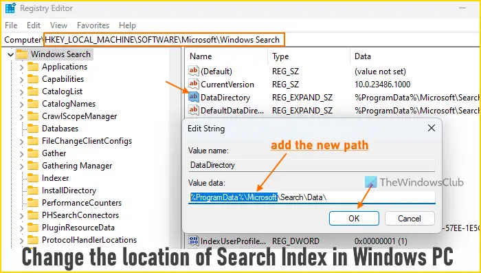 change the location of Search Index in Windows