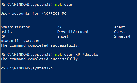 Delete user account from Command Prompt PowerShell