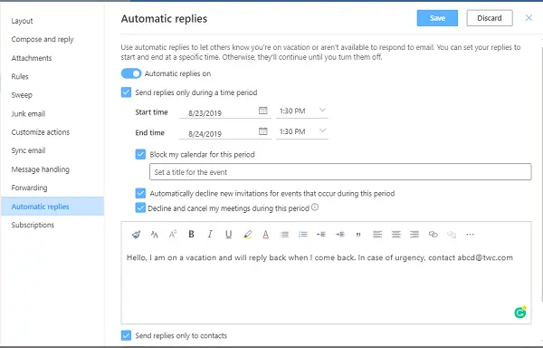 up Automatic Replies or Vacation Reply in Outlook