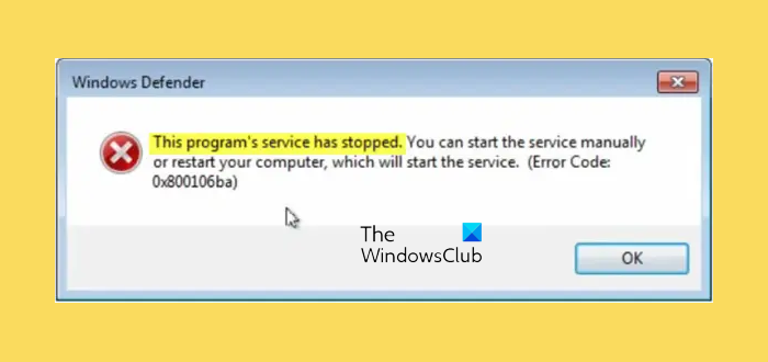Program’s service has stopped 0x800106ba in Windows Defender