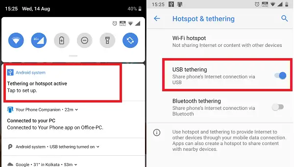 How to set USB tethering on 11/10