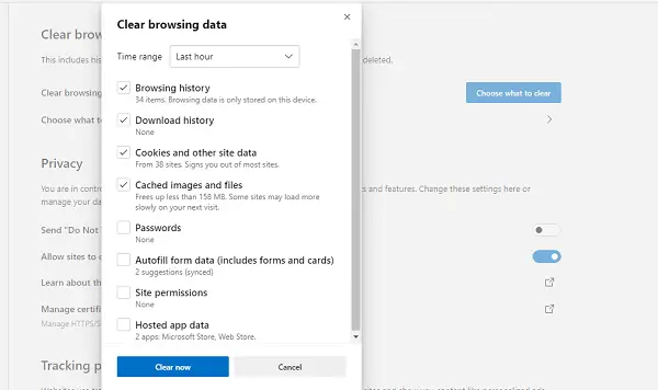 Clear Browsing Cookies in Edge