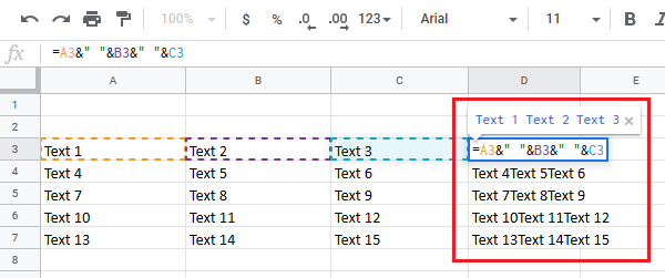 Combine text across 3 columns with space