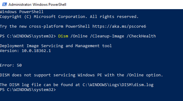 Error 50, DISM does not support servicing Windows PE with the online option