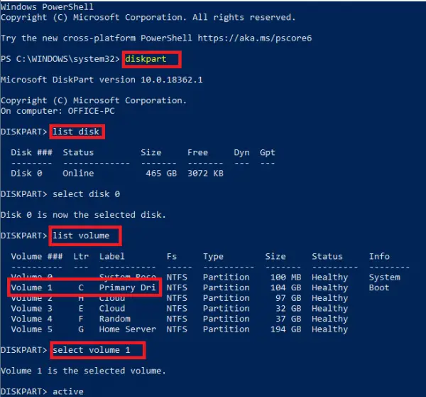 set primary partition as active