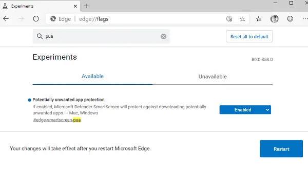 Enable PUA using Edge Flags