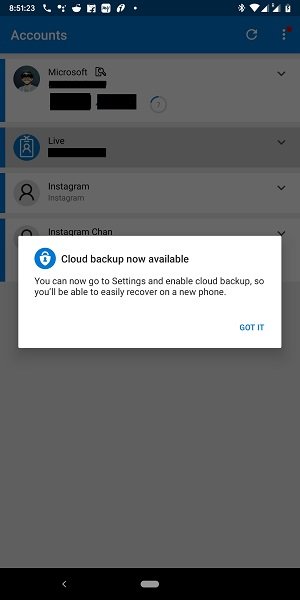 Cloud Backup for Microsoft Authenticator app