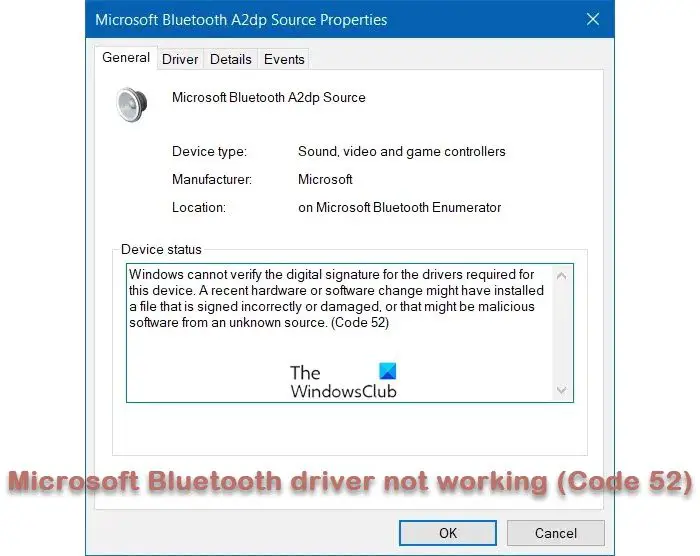 Microsoft Bluetooth driver not working (Code 52)