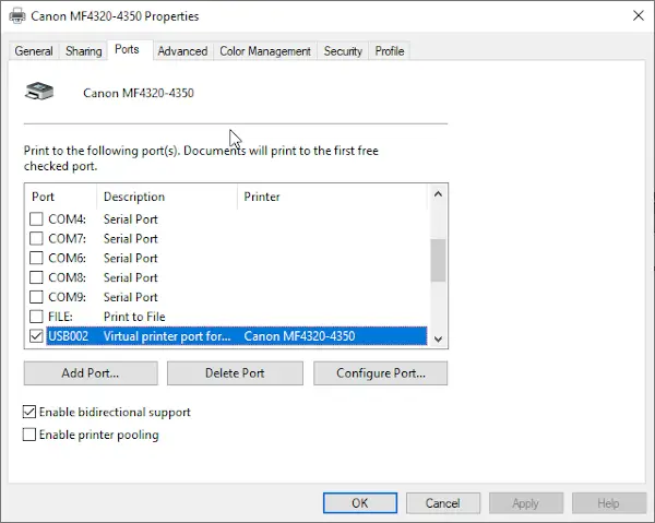 Manually configure printer port