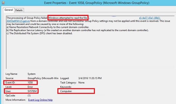 processing Group Policy failed Event ID 1058