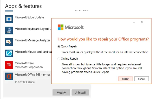 Repair Microsoft Office Online Quick