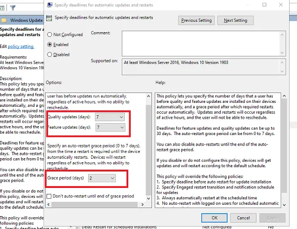 specify deadline before auto-restart for Update installation using Group Policy Editor