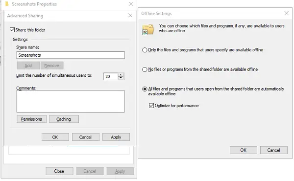 Sharing Caching Files Folder Windows 10