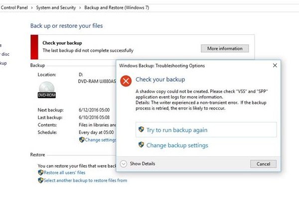 Windows Backup Error 0x81000019 - A Shadow Copy Could Not Be Created