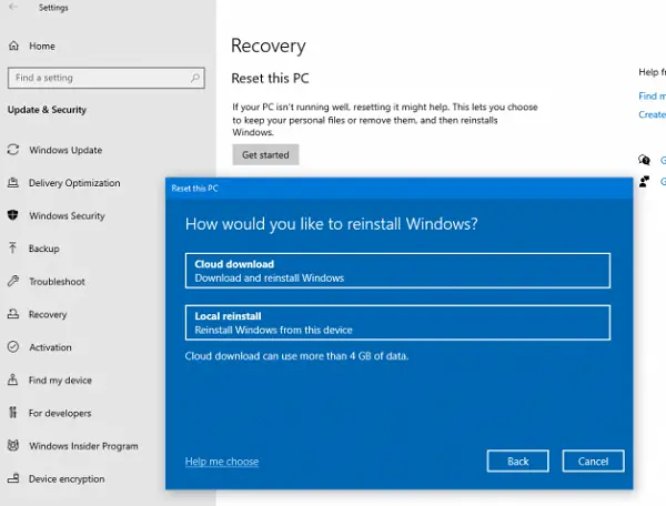 Cloud Reset Reinstall Windows 10