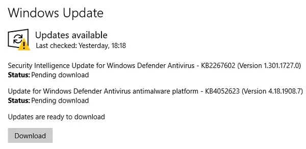 Windows Update status Pending download
