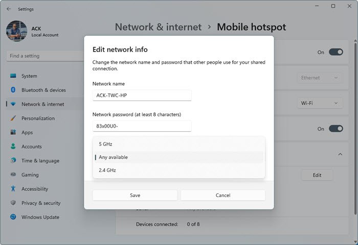 set the Broadcast band for Mobile Hotspot on Windows 11