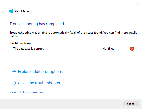 windows 10 start menu tile database is corrupt