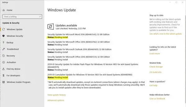 windows update status pedning install