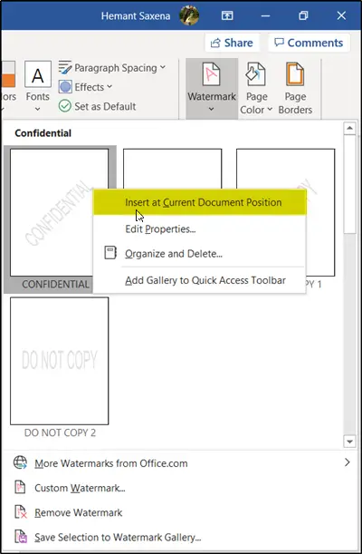 insert a watermark in Word document